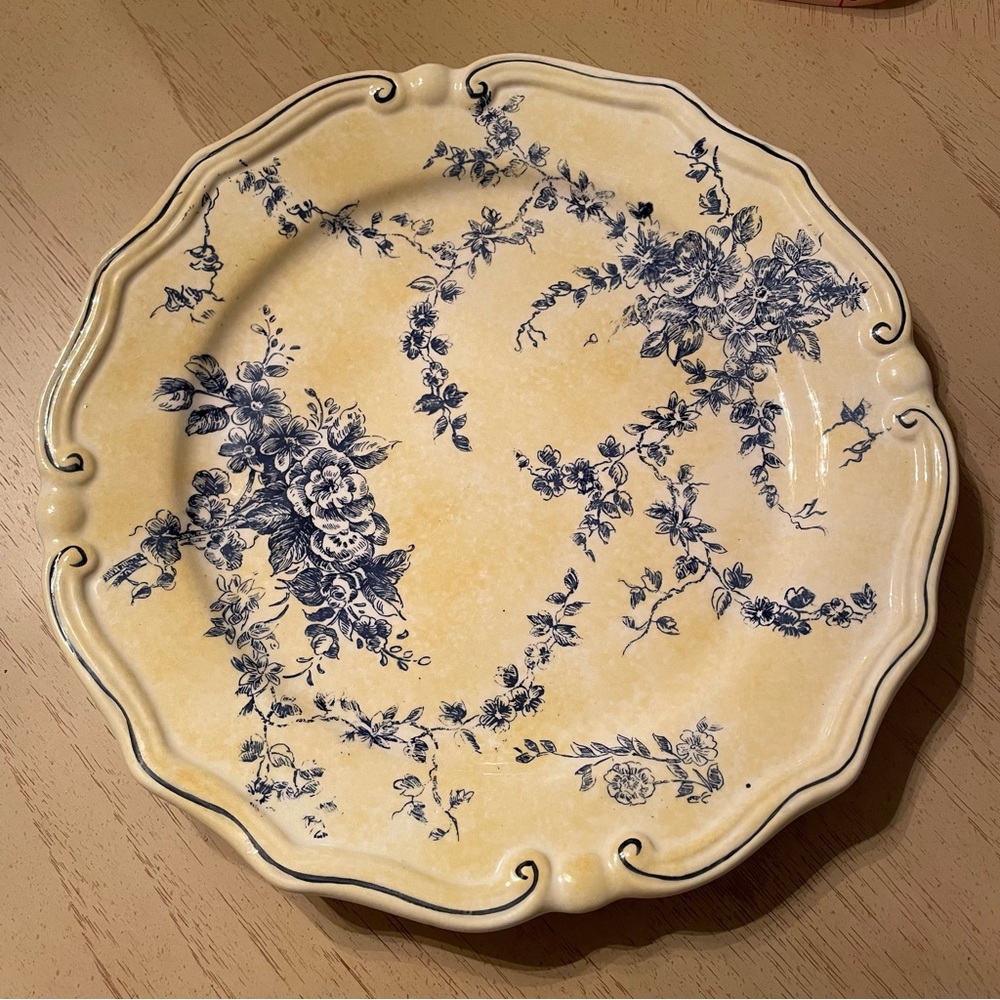 Yellow Toile - Floral Yellow and Blue Decorative Round Plate Made in China 11"